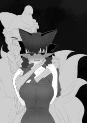 Rule 34 | 2girls, animal ears, animal hat, behind another, black background, blush, braid, grabbing another&#039;s breast, breasts, cat ears, cat tail, dress, embarrassed, extra ears, fox ears, fox tail, full-face blush, grabbing, grabbing from behind, greyscale, hand under clothes, hat, highres, kaenbyou rin, large breasts, looking away, looking to the side, mizuga, mob cap, monochrome, multiple girls, multiple tails, pointy ears, tail, tassel, touhou, twin braids, two tails, upper body, yakumo ran, yuri