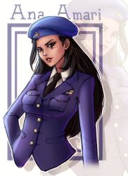 Rule 34 | 1girl, alternate costume, ana (overwatch), artist name, beret, breasts, brown eyes, captain amari, character name, dark-skinned female, dark skin, facial mark, facial tattoo, hand on own hip, hat, long hair, medium breasts, military, military uniform, naoyi, necktie, overwatch, overwatch 1, parted lips, signature, solo, tattoo, uniform, upper body, white background, aged down, zoom layer