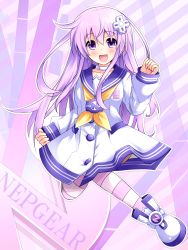 Rule 34 | 10s, 1girl, :d, blush, boots, character name, collar, collarbone, d-pad, dress, female focus, full body, gloves, gradient background, hair ornament, highres, long hair, looking at viewer, neckerchief, nepgear, neptune (series), open mouth, outline, purple eyes, purple hair, sailor dress, sleeves past wrists, smile, solo, striped background, striped clothes, striped thighhighs, thighhighs, very long hair, warabi mochi (ehimedaisuki)