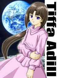 Rule 34 | 1girl, after war gundam x, blue eyes, brown hair, character name, cowboy shot, earth (planet), gundam, hand on own arm, hanzou, holding own arm, long hair, long sleeves, looking at viewer, lowres, moon, pink skirt, planet, ponytail, purple eyes, skirt, smile, solo, space, sweater, text focus, tiffa adill, very long hair