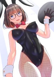 Rule 34 | 1girl, animal ears, black-framed eyewear, black gloves, black leotard, blue eyes, blunt bangs, bow, bowtie, brown hair, commentary, commentary request, cowboy shot, detached collar, english commentary, fake animal ears, fishnet pantyhose, fishnets, glasses, gloves, gradient background, half gloves, highres, leotard, looking at viewer, mixed-language commentary, nanahime, original, pantyhose, playboy bunny, rabbit ears, rabbit tail, red bow, red bowtie, simple background, solo, strapless, strapless leotard, tail, white background, wrist cuffs