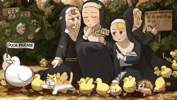 Rule 34 | 5girls, ^ ^, bandaid, bandaid on cheek, bandaid on face, bird, cat, chicken, closed eyes, clumsy nun (diva), diva (hyxpk), doll, duck, duck costume, duckling, earthworm, academic test, flag, froggy nun (diva), habit, hand on own chin, hedgehog, highres, holding, holding paper, in tree, kitten, little nuns (diva), mole (animal), multiple girls, no, nun, paper, parade, pulling, rope, sheep nun (diva), sign, spicy nun (diva), star nun (diva), traditional nun, tree, yes