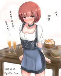 Rule 34 | 1girl, alcohol, alternate costume, apron, barmaid, beer, blue apron, breasts, brown eyes, brown hair, corset, dated, dirndl, embarrassed, food, german clothes, giraffe (ilconte), highres, kantai collection, looking at viewer, oktoberfest, pretzel, puffy short sleeves, puffy sleeves, short hair, short sleeves, small breasts, solo, translated, twitter username, underbust, waist apron, waitress, z3 max schultz (kancolle)