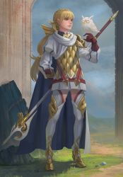 Rule 34 | 1girl, armor, bird, bird on hand, blonde hair, boots, braid, cape, feh (fire emblem heroes), fire emblem, fire emblem heroes, gloves, grass, green eyes, halberd, high heels, highres, holding, holding weapon, lips, long hair, nintendo, outdoors, owl, polearm, scale armor, sharena (fire emblem), smile, solo, standing, thigh boots, thighhighs, weapon, white cape, yagaminoue, zettai ryouiki