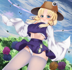 Rule 34 | 1girl, absurdres, animal print, blonde hair, blue eyes, blush, breasts, brown hat, cloud, flower, frog print, grey thighhighs, hand on own chest, hat, highres, large breasts, long sleeves, looking at viewer, midriff, miniskirt, moriya suwako, musi tino, open mouth, outdoors, panties, pantyshot, print skirt, purple shirt, purple skirt, pyonta, shirt, short hair, skirt, sky, sleeves past wrists, smile, solo, thighhighs, thighs, touhou, underwear, white shirt, white sleeves, wind, wind lift