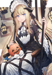 Rule 34 | 1girl, arknights, black dress, blonde hair, blue eyes, bonnet, breasts, character name, commentary request, coyucom, dress, gothic lolita, highres, holding, holding staff, horns, jack-o&#039;-lantern, juliet sleeves, lolita fashion, long hair, long sleeves, looking at viewer, nightingale (an elegy) (arknights), nightingale (arknights), official alternate costume, pointy ears, puffy sleeves, pumpkin, sitting, small breasts, solo, staff, very long hair, wide sleeves