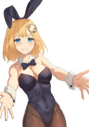 Rule 34 | 1girl, animal ears, black bow, black bowtie, black leotard, black pantyhose, blonde hair, blue eyes, bow, bowtie, breasts, cleavage, commentary, cowboy shot, detached collar, english commentary, fake animal ears, grin, hair ornament, highres, hololive, hololive english, kangbus, leotard, looking at viewer, medium breasts, pantyhose, playboy bunny, rabbit ears, short hair, simple background, smile, solo, strapless, strapless leotard, virtual youtuber, watson amelia, white background, wrist cuffs