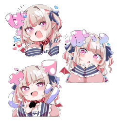 Rule 34 | absurdres, text background, blue ribbon, censored, chibi, choker, collar, commentary request, demon wings, eyebrows, fang, grey hair, hair ornament, hair ribbon, head tilt, heart, heart-shaped pupils, highres, leather choker, leather collar, long sleeves, makaino ririmu, multicolored hair, nijisanji, pink eyes, pointy ears, red hair, red wings, ribbon, simple background, skin fang, streaked hair, symbol-shaped pupils, translation request, utsusumi kio, virtual youtuber, white background, wings