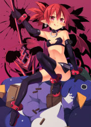 Rule 34 | 1girl, :q, anklet, bad id, bad pixiv id, bat wings, bird, black thighhighs, boots, bracelet, choker, demon girl, disgaea, earrings, elbow gloves, elder spear, etna (disgaea), flat chest, full body, gloves, highres, jewelry, kinta (distortion), makai senki disgaea, midriff, miniskirt, navel, nippon ichi, pointy ears, polearm, prinny, purple background, red eyes, red hair, short hair, skirt, spear, sweat, tail, thigh boots, thighhighs, tongue, tongue out, twintails, weapon, wings