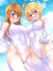 Rule 34 | :d, ahoge, blonde hair, brown hair, cameltoe, clothes pull, covered navel, detached sleeves, ibuki tsubasa, idolmaster, idolmaster million live!, idolmaster million live! theater days, long hair, one-piece swimsuit, one-piece swimsuit pull, open mouth, shiitake taishi, short hair, smile, swimsuit, thick thighs, thighhighs, thighs, tokoro megumi, white one-piece swimsuit