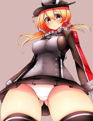 Rule 34 | 10s, 1girl, ?, absurdres, anchor hair ornament, bad id, bad nicoseiga id, black thighhighs, from below, gluteal fold, grey eyes, hair ornament, highres, kantai collection, long hair, looking at viewer, orange hair, panties, pantyshot, pleated skirt, prinz eugen (kancolle), skirt, solo, standing, thighhighs, tsukui kachou, twintails, underwear, white panties, zettai ryouiki