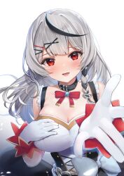 Rule 34 | 1girl, blush, bow, bowtie, braid, breasts, cleavage, collar, fang, gloves, grey hair, hair ornament, hairclip, hand on own chest, highres, hololive, hololive idol uniform, large breasts, long hair, looking at viewer, multicolored hair, open mouth, reaching, reaching towards viewer, red eyes, sakamata chloe, shirt, single braid, skin fang, sleeveless, sleeveless shirt, smile, solo, streaked hair, sunano reona, upper body, virtual youtuber, white gloves