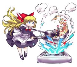 Rule 34 | 1girl, apron, blonde hair, blue eyes, bow, capelet, chamaruk, cooking, dress, female focus, fire, fire, food, fried rice, frying pan, hair bow, ladle, long hair, shanghai doll, solo, stove, touhou, wok