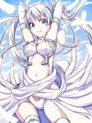 Rule 34 | 1girl, breasts, bridal gauntlets, dress, falling feathers, feathers, flower, gloves, grey eyes, groin, hair flower, hair ornament, long hair, looking at viewer, medium breasts, mitou shoukan://blood sign, navel, shiroki jo&#039;ou, silver hair, smile, solo, thighhighs, twintails, white gloves, yakutashi