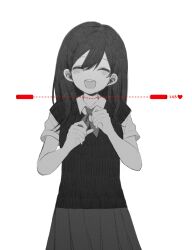 1girl :d ^_^ absurdres blush closed_eyes collared_shirt double-parted_bangs facing_viewer greyscale hair_behind_ear hair_between_eyes hair_over_shoulder hands_up hatching_(texture) heart highres mari_(headspace)_(omori) mari_(omori) medium_hair monochrome my_loleeta neckerchief omori open_mouth round_teeth shirt short_sleeves simple_background skirt smile solo spoilers spot_color straight-on sweater_vest teeth upper_body upper_teeth_only white_background