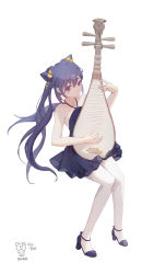 Rule 34 | 1girl, absurdres, bare shoulders, bear minstrel, commentary, dress, full body, genshin impact, high heels, highres, instrument, instrument request, invisible chair, keqing (genshin impact), long hair, music, pantyhose, playing instrument, purple dress, purple eyes, purple footwear, purple hair, simple background, sitting, solo, strappy heels, twintails, white background, white pantyhose