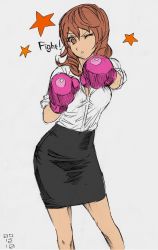 Rule 34 | 1girl, bad id, bad pixiv id, boxing gloves, breasts, brown eyes, brown hair, cleavage, highres, office lady, one eye closed, pencil skirt, sasa (picjs09), sketch, skirt, sleeves rolled up, solo, wink