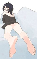 Rule 34 | 10s, 1girl, ass, barefoot, blue eyes, couch, feet, foot focus, girls und panzer, glasses, highres, looking at viewer, looking back, lying, on stomach, oryou (girls und panzer), pov, short hair, soles, toes