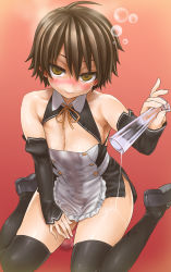 Rule 34 | 1girl, androgynous, apron, asanagi, bare shoulders, blush, breasts, brown hair, cleavage, detached sleeves, dream c club, dream c club (series), drunk, hiccup, highres, messy, nao (dream c club), short hair, solo, spill, thighhighs, wet