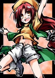 Rule 34 | 1girl, arm up, clothes lift, hat, hemogurobin a1c, long hair, midriff, navel, open mouth, orange (touhou), parted bangs, red hair, shirt lift, shorts, smile, socks, solo, touhou, touhou (pc-98), very long hair, wind, wind lift, yellow eyes, yellow hat
