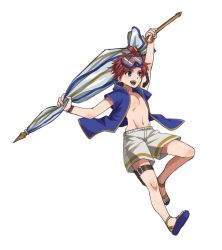 Rule 34 | 1boy, blue eyes, diving mask, diving mask on head, fire emblem, fire emblem: the binding blade, fire emblem heroes, full body, goggles, goggles on head, holding, holding umbrella, kumakosion, male focus, nintendo, open mouth, red hair, roy (fire emblem), simple background, smile, solo, swimsuit, umbrella, weapon, white background