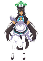 Rule 34 | 1girl, alternate costume, animal ears, ankle strap, apron, aqua eyes, black footwear, black sleeves, blue archive, breasts, cleavage, closed mouth, commentary, crossover, dark-skinned female, dark skin, dot nose, ear ornament, enmaided, frilled apron, frilled skirt, frills, full body, gloves, hair between eyes, halo, hand on own hip, high heels, highres, holding, holding tray, horse ears, horse girl, horse tail, karin (blue archive), large breasts, long hair, low twintails, maid, maid apron, maid headdress, pantyhose, short sleeves, simple background, skirt, solo, symbol-only commentary, tail, tray, twintails, umamusume, very long hair, vococo, white background, white gloves, white pantyhose