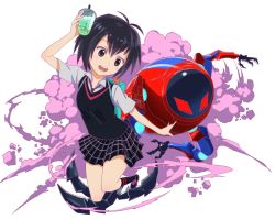 Rule 34 | 1girl, antenna hair, backpack, bag, black hair, black necktie, black skirt, black sweater vest, bob cut, brown eyes, bubble tea, colored smoke, cup, disposable cup, dress shirt, drinking straw, foreshortening, hair between eyes, hand to head, jumping, light blush, looking to the side, marvel, mecha, necktie, open mouth, outstretched arm, peni parker, peroringa, plaid, plaid skirt, pleated skirt, robot, shirt, short hair, short sleeves, skirt, smile, smoke, solo, sp//dr, spider-man, spider-man: into the spider-verse, spider-man (series), spider-verse, sweater vest, teeth, upper teeth only, white shirt