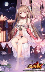 Rule 34 | 1girl, bare legs, bare shoulders, barefoot, bikini, black bikini, blurry, blurry foreground, blush, breasts, brown hair, character request, cleavage, copyright name, flower, full body, full moon, hair flower, hair ornament, highres, holding, large breasts, lily pad, long hair, long sleeves, looking at viewer, midriff, moon, navel, night, parted lips, petals, pink eyes, pink flower, see-through, shoujo kaisen, sitting, smile, soaking feet, solo, sora 72-iro, swimsuit, thighlet, two side up, very long hair, water, white flower, wind