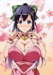 Rule 34 | 1girl, absurdres, amaya haruko, apron, black hair, blue eyes, blush, bow, breasts, cleavage, covered erect nipples, frills, hair bow, hair ornament, hands up, heart, highres, huge breasts, huge filesize, lock, long hair, looking at viewer, maken-ki!, ponytail, smile, solo, takeda hiromitsu, wrist cuffs