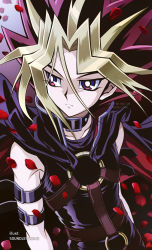 Rule 34 | 1boy, armlet, atem, belt, belt collar, black hair, black shirt, blonde hair, closed mouth, collar, collarbone, commentary, dyed bangs, falling petals, gradient eyes, hair between eyes, jacket, jewelry, kaze-hime, looking to the side, male focus, multicolored eyes, multicolored hair, muto yugi, o-ring, pants, petals, purple eyes, purple hair, rose petals, shirt, short hair, signature, sleeveless, sleeveless shirt, solo, spiked hair, toei animation, two-tone hair, upper body, watermark, yami yugi, yu-gi-oh!, yu-gi-oh! duel monsters
