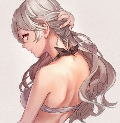 Rule 34 | 1girl, back, back focus, corrin (female) (fire emblem), corrin (fire emblem), fire emblem, fire emblem fates, fire emblem heroes, from behind, hashiko (neleven), long hair, looking back, nintendo, parted lips, red eyes, simple background, solo, swimsuit, upper body, white hair