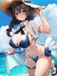 Rule 34 | 1girl, absurdres, beach, bikini, blue bikini, blue eyes, blue sky, braid, breasts, brown hair, cloud, commentary request, cowboy shot, day, duplicate, foot out of frame, hair flaps, hair over shoulder, hat, highres, horizon, kantai collection, large breasts, long hair, looking at viewer, nail polish, navel, ocean, outdoors, pixel-perfect duplicate, sandals, shigure (kancolle), shigure kai san (kancolle), shirt, single braid, sky, smile, solo, stomach, sun hat, swimsuit, toenail polish, toenails, toes, torisan, wet, wet clothes, wet shirt