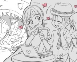 Rule 34 | 10s, 1boy, 3girls, bad id, bad twitter id, blurry, closed eyes, computer, depth of field, driving, extra, flower (symbol), girl sandwich, hair ribbon, hairband, hat, laptop, long hair, looking at another, low twintails, matsuno todomatsu, monochrome, multiple girls, necktie, osomatsu-kun, osomatsu-san, osomatsu (series), porkpie hat, rian (bdl), ribbon, sandwiched, short twintails, smile, table, turtleneck, twintails, yowai totoko