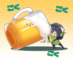 Rule 34 | 1girl, alcohol, beer, beer mug, black hair, black thighhighs, blush, brown eyes, chibi, commentary request, cup, detached sleeves, foam, green jacket, green skirt, green sleeves, hair between eyes, headphones, highres, jacket, kyoumachi seika, long sleeves, milkpanda, mini person, minigirl, mug, necktie, no shoes, polka dot, polka dot background, red necktie, skirt, sleeveless, sleeveless jacket, sleeves past wrists, solid oval eyes, solo, standing, thighhighs, translation request, voiceroid, wide sleeves