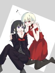 Rule 34 | 2girls, bare arms, black hair, black pants, black pantyhose, black suit, blonde hair, blush, bound, bound wrists, closed mouth, collar, commentary request, dress, eighth note, flying sweatdrops, formal, grey background, grey vest, hair up, hand on another&#039;s shoulder, highres, inoue takina, kneeling, licking lips, long hair, long sleeves, lycoris recoil, multiple girls, musical note, nishikigi chisato, pants, pantyhose, parted lips, ponytail, purple eyes, red dress, red eyes, sitting, sleeveless, sleeveless dress, suit, sweatdrop, syonosuke9573, tongue, tongue out, two-tone background, vest, white background, yuri