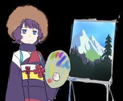 Rule 34 | 1girl, afro, black background, blue eyes, bob ross, bob ross (cosplay), closed mouth, commentary request, cosplay, cowboy shot, easel, expressionless, facing viewer, fate/grand order, fate (series), holding, japanese clothes, jitome, katsushika hokusai (fate), kimono, long sleeves, looking at viewer, obi, oyaji-sou, painting (object), palette (object), purple eyes, purple hair, purple kimono, sash, short hair, simple background, sketch, solo, standing, the joy of painting, trait connection, wig