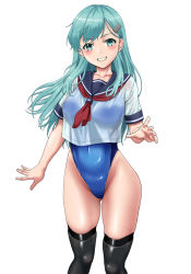 Rule 34 | 1girl, alternate costume, aqua hair, black thighhighs, blue sailor collar, blue one-piece swimsuit, commentary request, competition swimsuit, covered navel, cowboy shot, hair ornament, hairclip, highleg, highleg swimsuit, highres, kantai collection, long hair, mikan 29344886, neckerchief, no pants, one-piece swimsuit, over-kneehighs, parted lips, red neckerchief, sailor collar, sailor shirt, school uniform, serafuku, shirt, simple background, solo, standing, suzuya (kancolle), swimsuit, swimsuit under clothes, thighhighs, white background