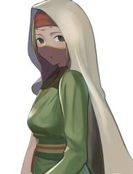 Rule 34 | 1girl, :o, absurdres, breasts, brown eyes, cape, commentary request, dress, fate/grand order, fate (series), green dress, grey cape, headband, highres, hood, hooded cape, looking at viewer, medium breasts, mouth veil, red headband, see-through, siduri (fate), simple background, single sleeve, solo, taruto (takug0812), upper body, veil, white background