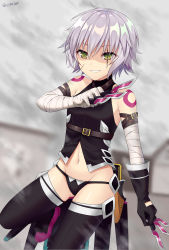 Rule 34 | 1girl, bad id, bad pixiv id, bandages, black panties, black thighhighs, facial scar, fate (series), green eyes, groin, hair between eyes, highres, holding, holding knife, knife, leg up, midriff, navel, panties, parted lips, scar, scar across eye, scar on cheek, scar on face, shiny skin, short hair, signature, siika 620, silver hair, smile, solo, standing, standing on one leg, stomach, thighhighs, underwear