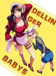 Rule 34 | 1boy, 1girl, apron, baby 5, black hair, blonde hair, blue shorts, breasts, character name, cigarette, cleavage, commentary request, dellinger (one piece), from above, full body, hand on own hip, hat, high heels, highres, horns, kafuyutns, long hair, long sleeves, looking back, maid apron, maid headdress, one piece, short hair, shorts, sidelocks, thigh strap, yellow background