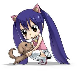 Rule 34 | 1girl, animal, bare shoulders, blue hair, blush, brown eyes, chibi, dog, fairy tail, hair between eyes, holding, holding animal, holding dog, long hair, looking at animal, mashima hiro, official art, sandals, shadow, simple background, skirt, sleeveless, smile, solo, star (symbol), thighhighs, twintails, wendy marvell, white background, white skirt, white thighhighs