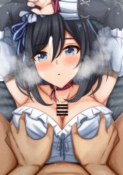 Rule 34 | 1boy, 1girl, armpits, arms up, bad id, bad pixiv id, bar censor, black hair, blouse, blue eyes, blue ribbon, blush, breasts, censored, choker, cleavage, collarbone, commentary request, commission, cum, detached sleeves, dirndl, eishin flash (umamusume), ejaculation, german clothes, grabbing, grabbing another&#039;s breast, hair between eyes, hair ribbon, hetero, highres, horse girl, large breasts, looking at viewer, lying, on back, open mouth, paizuri, paizuri under clothes, peanut (shokan), pixiv commission, projectile cum, red choker, ribbon, shirt, short hair, steaming body, straddling, straddling paizuri, umamusume, upper body, white shirt