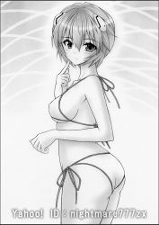 Rule 34 | 1girl, alternate costume, artist name, ass, ayanami rei, bikini, blush, breasts, covered erect nipples, cowboy shot, expressionless, finger to face, from side, gradient background, greyscale, hair between eyes, hair ornament, halterneck, looking at viewer, looking back, medium breasts, monochrome, neon genesis evangelion, nightmare77zx, short hair, side-tie bikini bottom, sideboob, solo, string bikini, swimsuit, traditional media, underboob