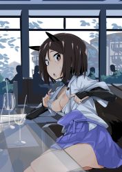 Rule 34 | 1girl, absurdres, animal ears, arm guards, black hair, breasts, dog ears, dog tail, hakama, hakama skirt, highres, japanese clothes, kuroda kunika, looking at viewer, nipples, no bra, open mouth, pegina, restaurant, self exposure, short hair, skirt, small breasts, solo, sweatdrop, tail, thighs, world witches series
