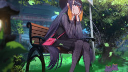 Rule 34 | 1girl, architecture, bag, bench, beret, black skirt, blue eyes, bright pupils, closed mouth, commentary, day, dress, east asian architecture, english commentary, falling leaves, feet out of frame, grass, handbag, hands on own cheeks, hands on own face, hat, highres, hololive, hololive english, leaf, long hair, long sleeves, moyomo, ninomae ina&#039;nis, ninomae ina&#039;nis (casual), official alternate costume, outdoors, pantyhose, park bench, pinafore dress, pleated skirt, pointy ears, puffy long sleeves, puffy sleeves, purple hair, sidelocks, signature, sitting, skirt, sleeveless, sleeveless dress, smile, solo, stone lantern, takodachi (ninomae ina&#039;nis), tree, very long hair, virtual youtuber, white pupils, wooden bench