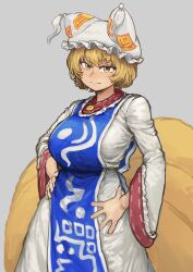 Rule 34 | 1girl, absurdres, animal ears, animal hat, blonde hair, blue tabard, breasts, chanta (ayatakaoisii), dress, expressionless, facing viewer, fox ears, fox tail, grey background, hands on own hips, hat, highres, kitsune, large breasts, medium hair, multiple tails, simple background, solo, tabard, tail, touhou, white dress, yakumo ran, yellow eyes