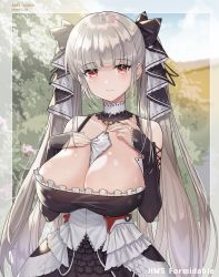 Rule 34 | 1girl, artist name, azur lane, bare shoulders, between breasts, black bow, black dress, bow, breasts, character name, cleavage, dress, formidable (azur lane), frilled dress, frills, gothic lolita, grey hair, hair ribbon, highres, jaeyun, large breasts, lolita fashion, long hair, looking at viewer, necktie, necktie between breasts, red eyes, ribbon, solo, twintails, two-tone dress, two-tone ribbon, very long hair, white dress, white necktie