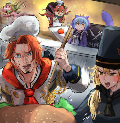 Rule 34 | apron, blonde hair, blue eyes, blue hair, bread bun, breasts, buerillabaisse de nouvelles, burger, chef, chef hat, confiras de nouvelles, demon, dinner, dragon girl, dragon horns, dragon tail, dress, duel monster, fast food, food, hat, hatano kiyoshi, highres, holding, holding food, horns, hungry burger, japanese flag, laundry dragonmaid, lettuce, long hair, long sleeves, looking at viewer, maid, maid apron, medium breasts, mini flag, multicolored hair, multiple girls, open mouth, poissoniere de nouvelles, red hair, short hair, tail, teeth, wa maid, yellow eyes, yu-gi-oh!