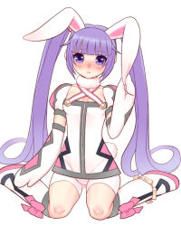 Rule 34 | 1girl, animal ears, bad id, bad pixiv id, blush, boots, bow, choker, female focus, folks (nabokof), gloves, kneeling, long hair, official alternate costume, purple eyes, purple hair, rabbit ears, rabbit tail, ribbon, shorts, sidelocks, simple background, solo, sophie (tales), tail, tales of (series), tales of graces, twintails, white background, white shorts