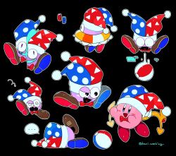 Rule 34 | ..., @ @, ball, beachball, black background, blush stickers, bow, bowtie, brown footwear, colored skin, cosplay, fangs, hat, highres, jester cap, joy-con, kanianoreki, kirby, kirby (series), lifebuoy, lying, marx (kirby), marx (kirby) (cosplay), nintendo, no humans, open mouth, outline, pink skin, purple skin, solid oval eyes, swim ring, white outline